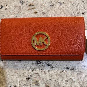 Michael Kors Orange Pebbled Leather MK Logo Continental Wallet